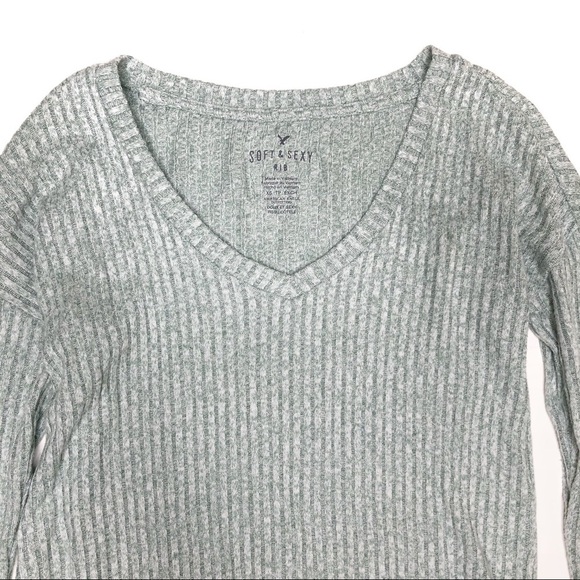 AEO Soft and Sexy Ribbed V Neck Top Sage Green XS - Picture 2 of 6